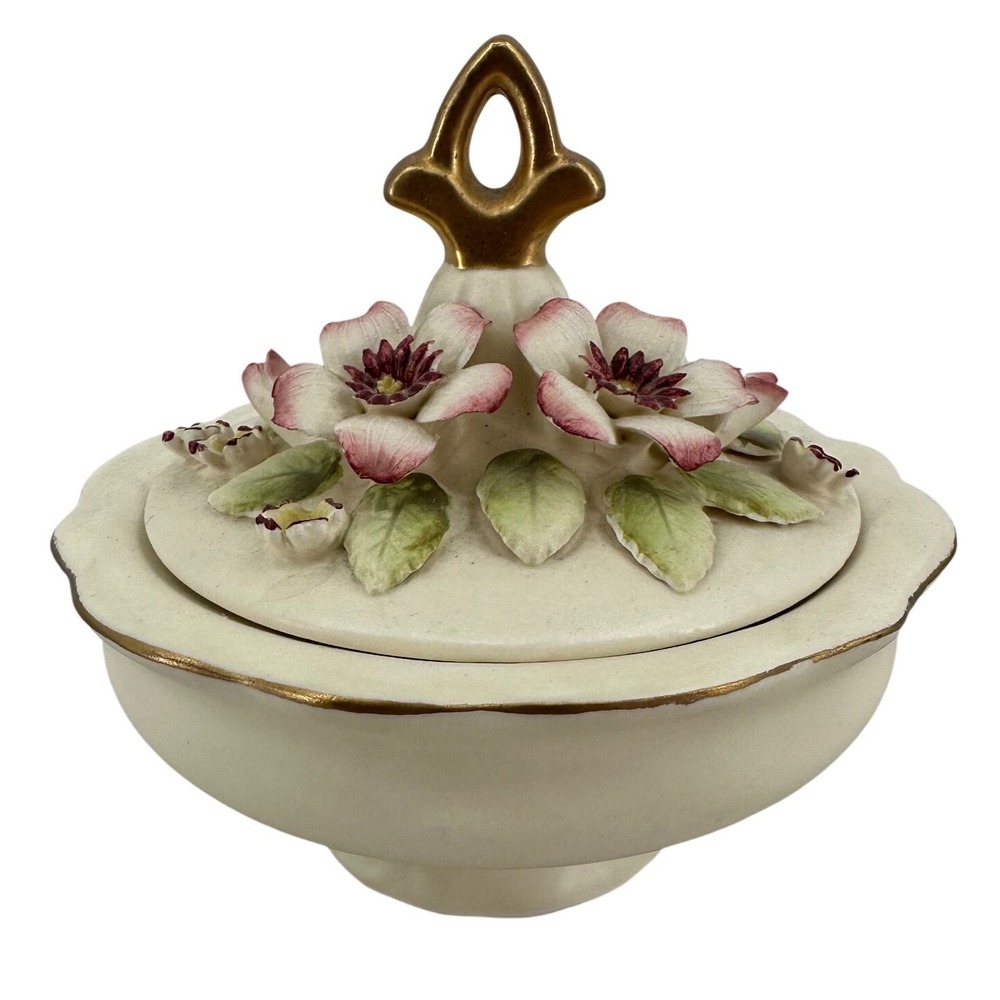 Vintage Norcrest Japan Trinket Dish Hand Decorated Floral Gold Trim PR-70H